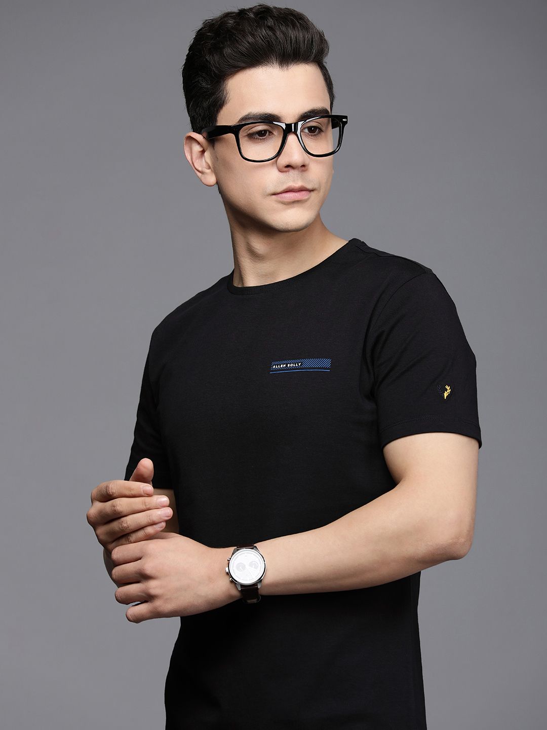 Men Black & Blue Brand Logo Printed Slim Fit Pure Cotton T-shirt