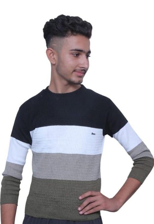 Men's Striped Pullover Sweater, Black, White, and Olive