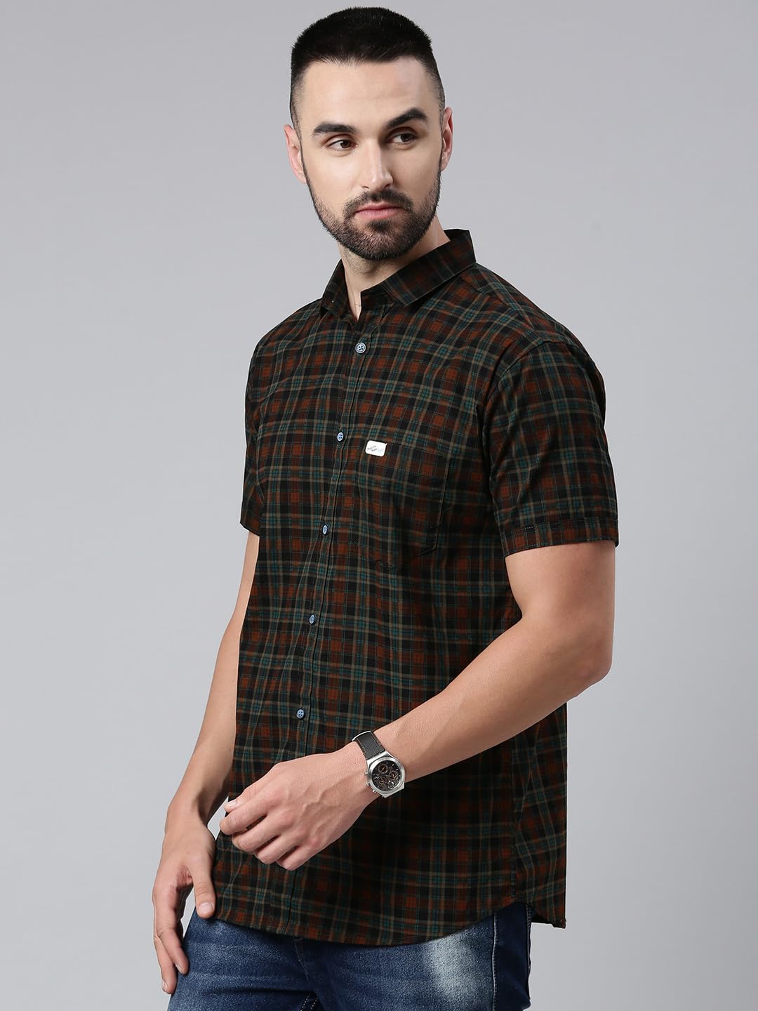 Majestic Man Men Cotton Checkered Half Sleeve Slim Fit Casual Shirt