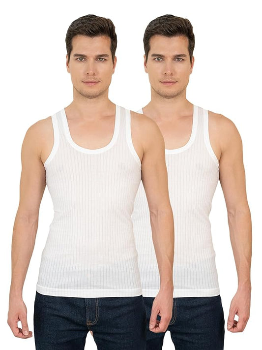 Lux Cozi Men's Pack of 2 White Premium Cotton Round Neck Vest