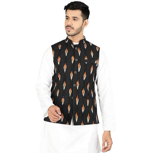 WINTAGE Mens Ikat Black Modi Nehru Jacket