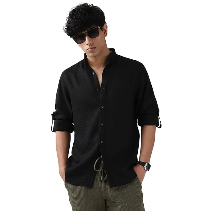 Urbano Fashion Men's Linen Blend Full Sleeve Relaxed Fit Mandarin Collar Casual Solid Shirt