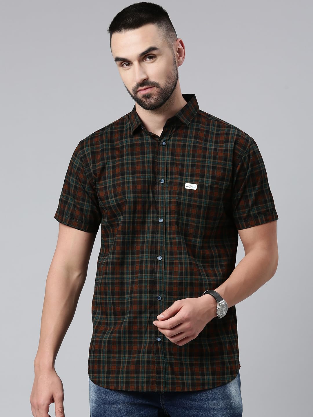Majestic Man Men Cotton Checkered Half Sleeve Slim Fit Casual Shirt