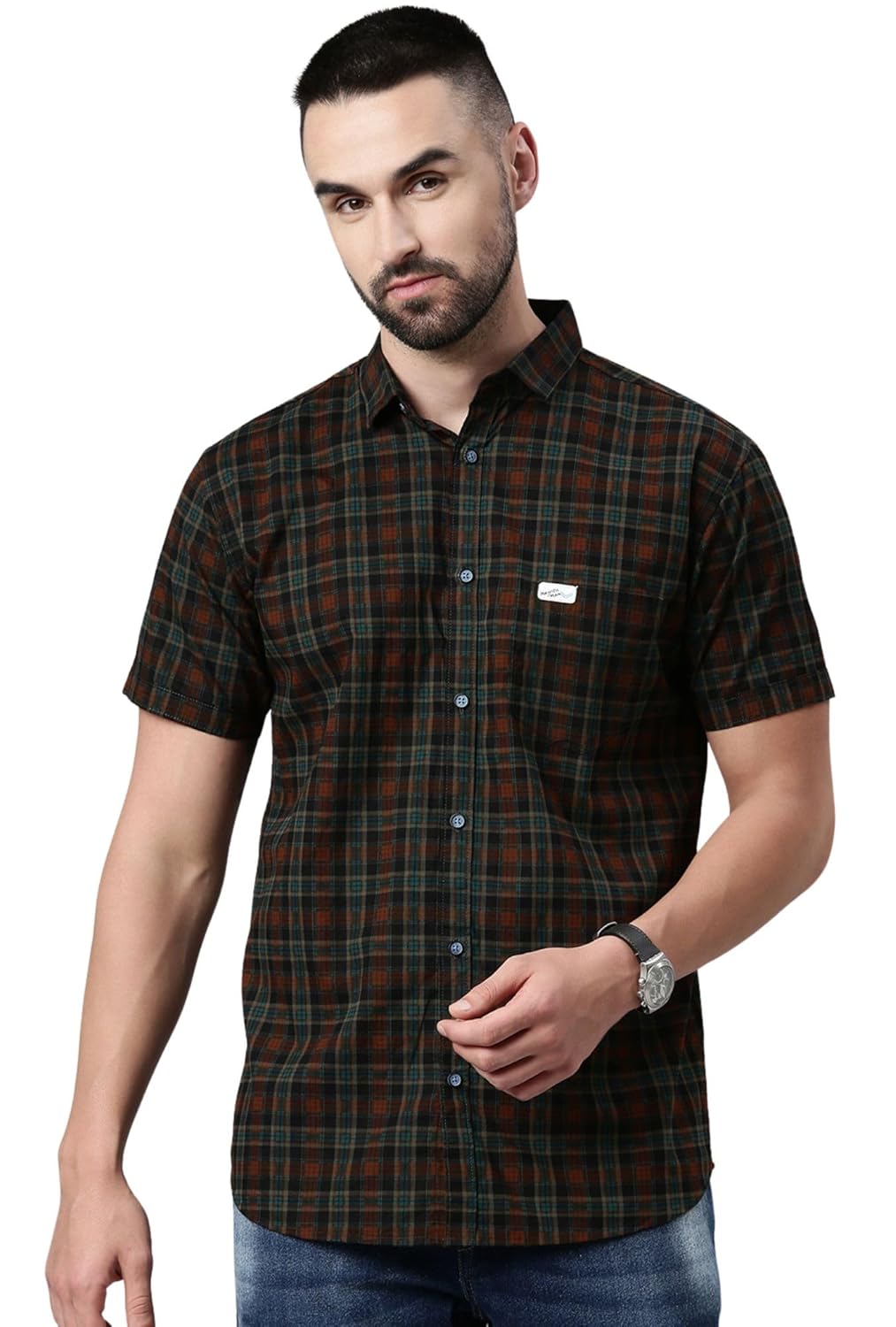 Majestic Man Men Cotton Checkered Half Sleeve Slim Fit Casual Shirt