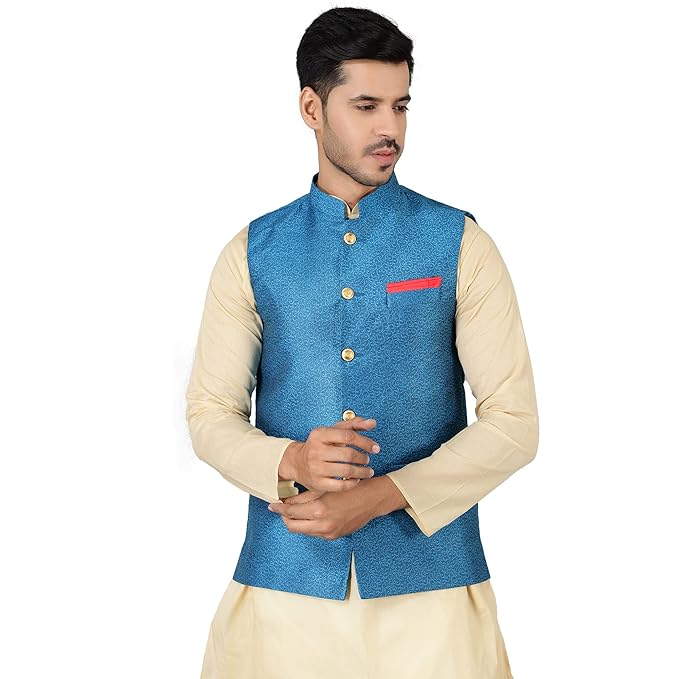 WINTAGE Men's Banarasi Rayon Cotton Blue Modi Nehru Jacket: 46/2XL,Blue