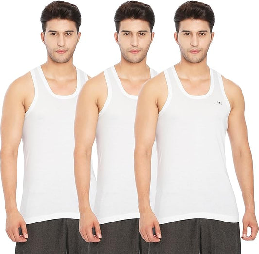 Lux Cozi 100% Cotton Men Sleeveless Round Neck Vest - Modern White Baniyan for Men, Pack of 3