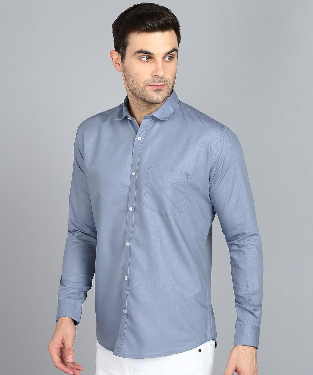 Men's Cotton Blend Solid Shirt with Spread Collared Full Sleeve Curved Hemline Button Closure Slim Fit and One Pocket | Shirt for Man Full Sleeve