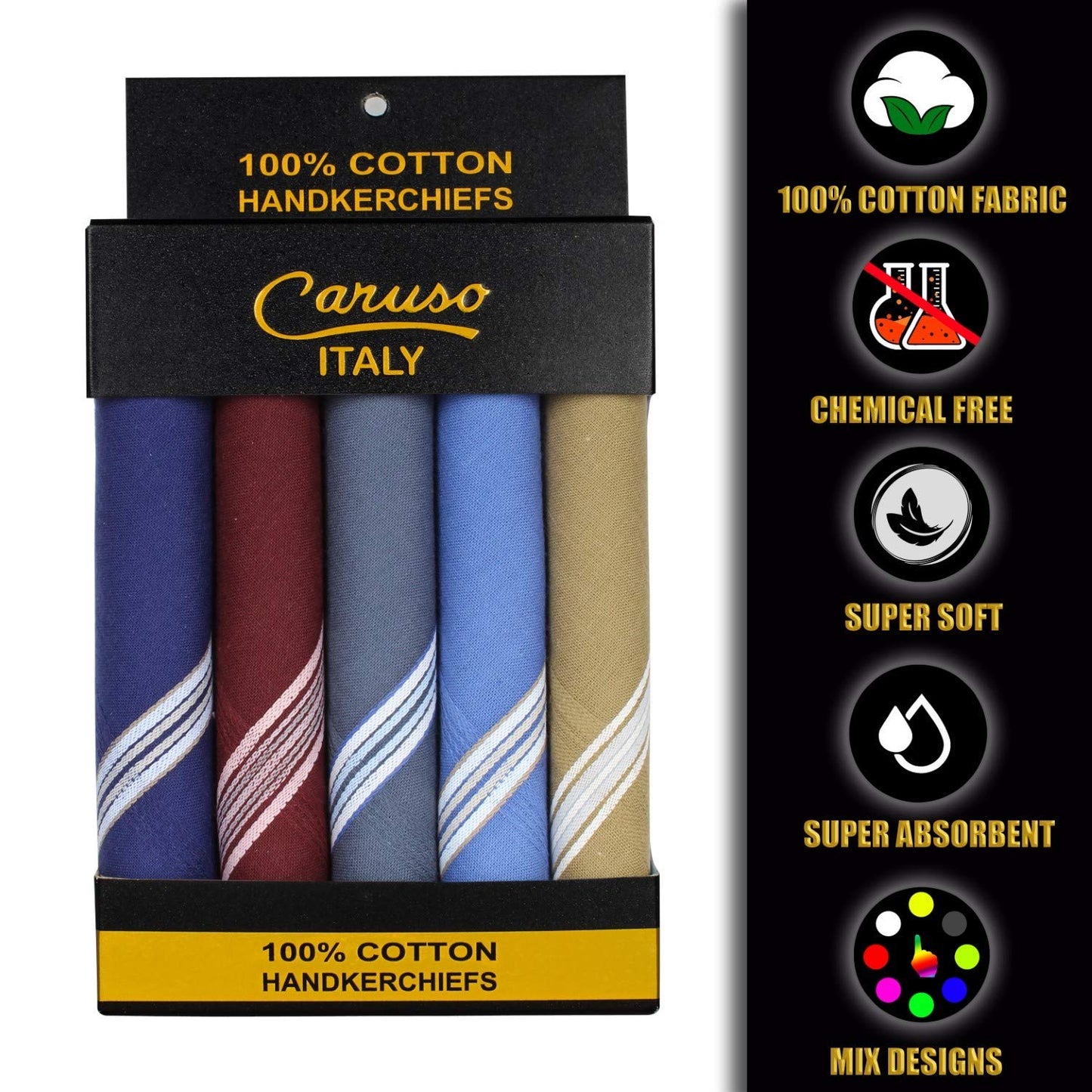 Caruso Italy Men's Premium 100% Pure Cotton Handkerchief Dark Base with Colored Border