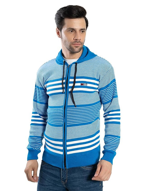 Men's Full Sleeve Hooded Stripe Woolen Sweater | Stylish Zipper Sweatshirt | Regular Fit for Winter Office & Casual Wear