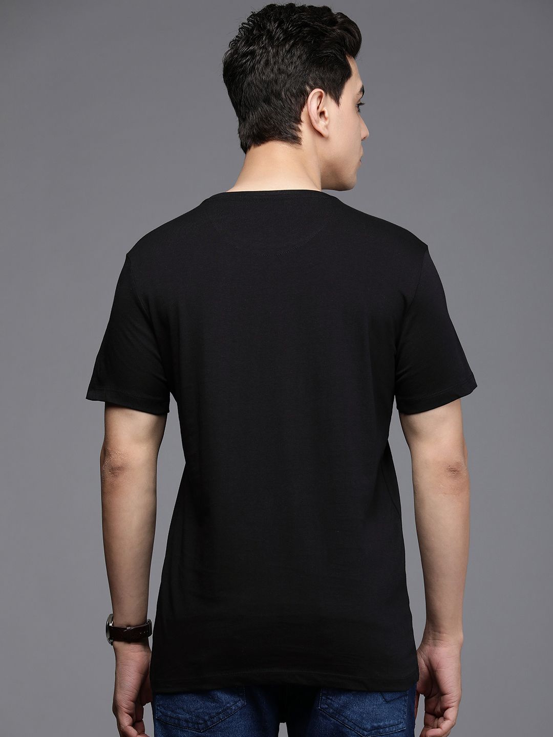 Men Black & Blue Brand Logo Printed Slim Fit Pure Cotton T-shirt