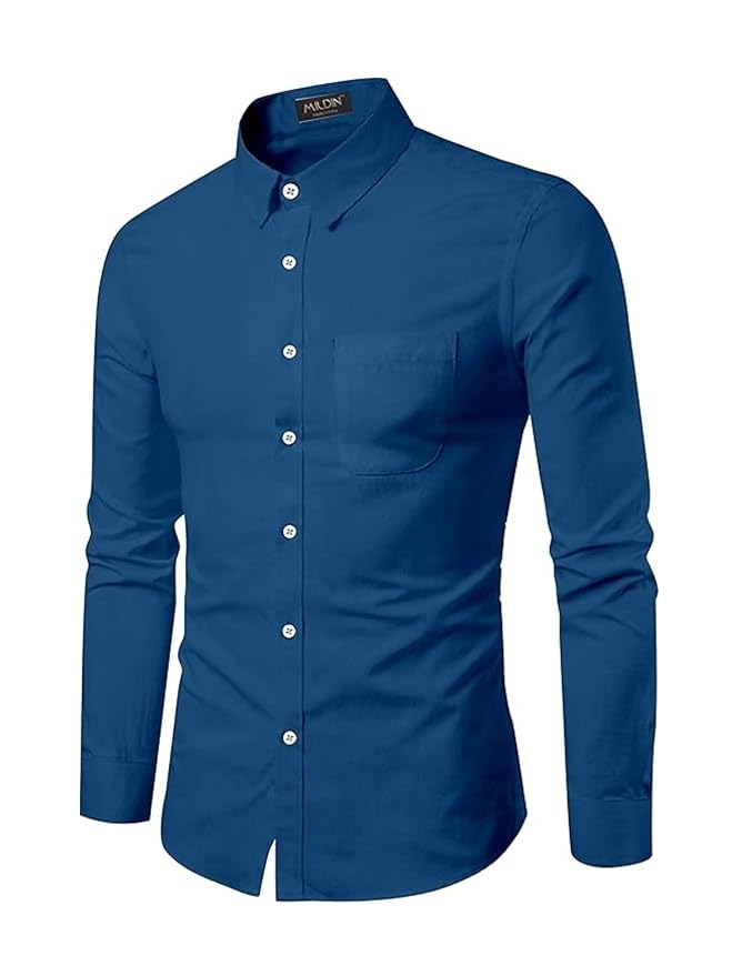Men's Cotton Blend Solid Shirt with Spread Collared Full Sleeve Curved Hemline Button Closure Slim Fit and One Pocket | Shirt for Man Full Sleeve