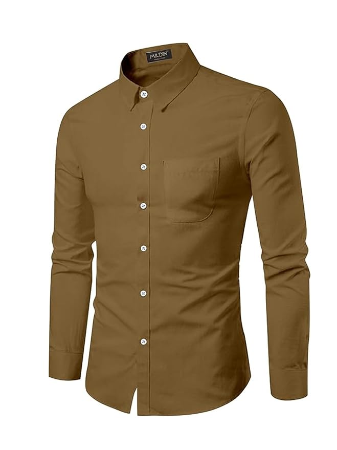 Men's Cotton Blend Solid Shirt with Spread Collared Full Sleeve Curved Hemline Button Closure Slim Fit and One Pocket | Shirt for Man Full Sleeve