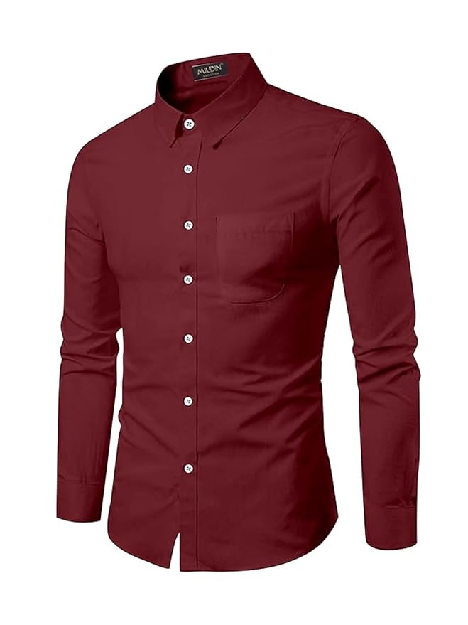 Men's Cotton Blend Solid Shirt with Spread Collared Full Sleeve Curved Hemline Button Closure Slim Fit and One Pocket | Shirt for Man Full Sleeve