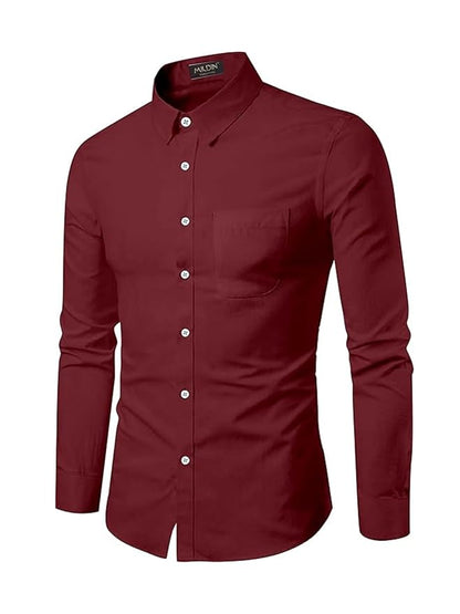 Men's Cotton Blend Solid Shirt with Spread Collared Full Sleeve Curved Hemline Button Closure Slim Fit and One Pocket | Shirt for Man Full Sleeve