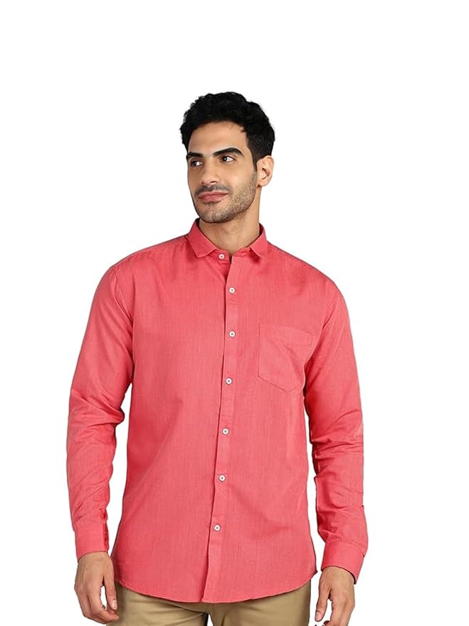 Men's Cotton Blend Solid Shirt with Spread Collared Full Sleeve Curved Hemline Button Closure Slim Fit and One Pocket | Shirt for Man Full Sleeve