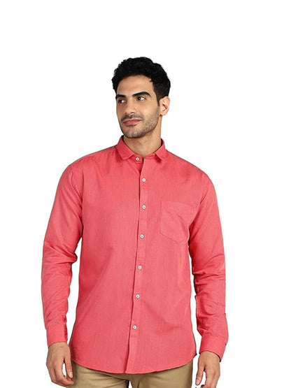 Men's Cotton Blend Solid Shirt with Spread Collared Full Sleeve Curved Hemline Button Closure Slim Fit and One Pocket | Shirt for Man Full Sleeve
